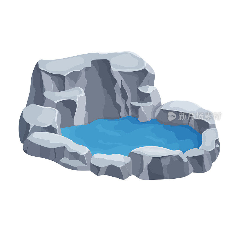 池塘用水和石头，自然或花园装饰卡通风格孤立在白色的背景。Ui游戏资产，Park pool, lake。矢量图